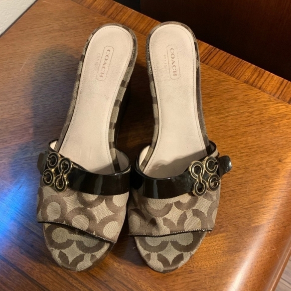 Coach Women's Brown Slide Sandals Wedge 3" Heel 9B - Picture 1 of 6